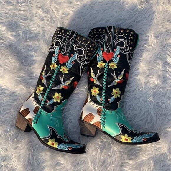Shoes - Swallow Floral Embroidered Cowgirl Boots